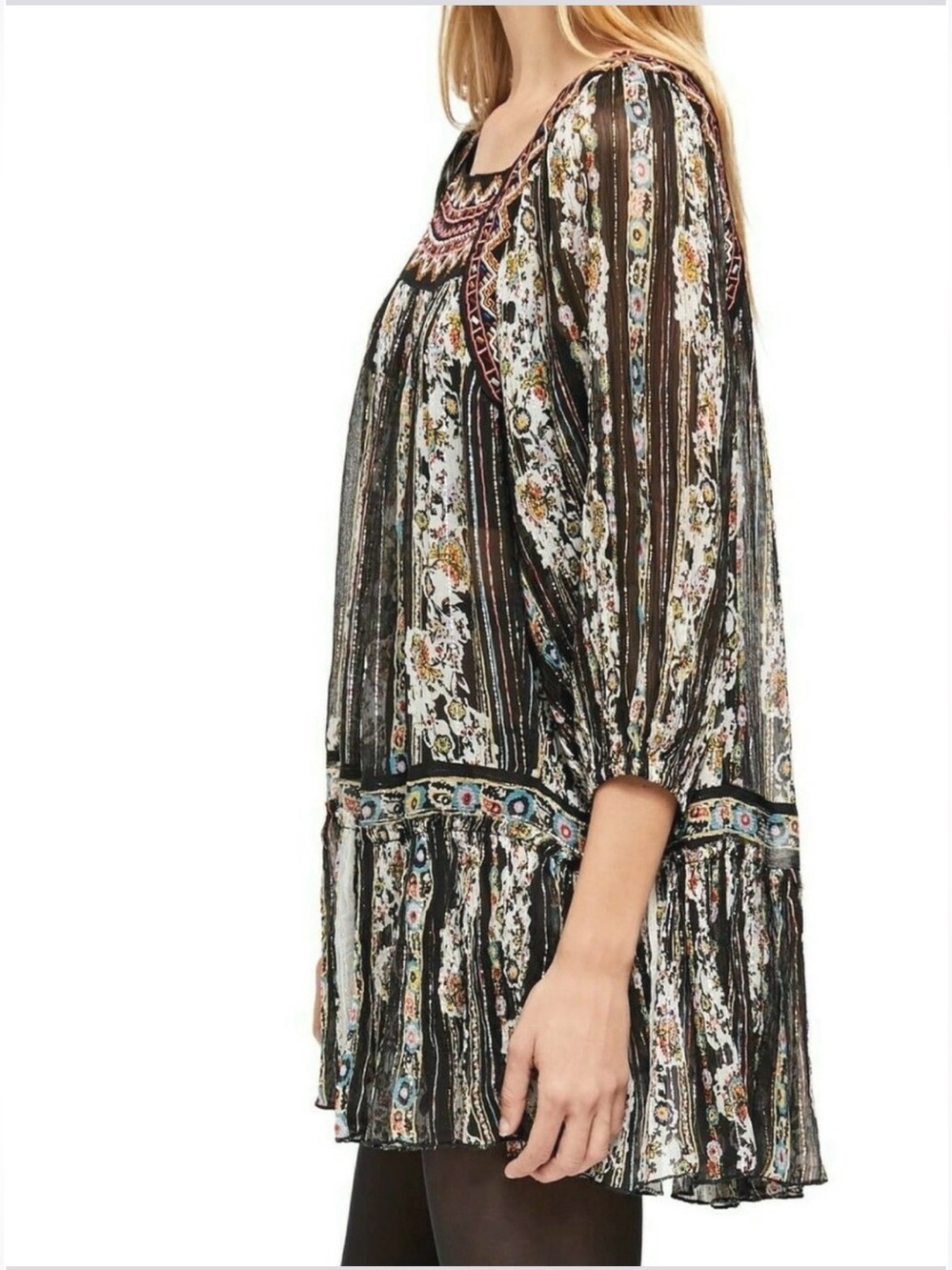 Free People Dance Magic Embroidered 3/4 Sleeve Tunic Metallic Dress - Picture 5 of 10